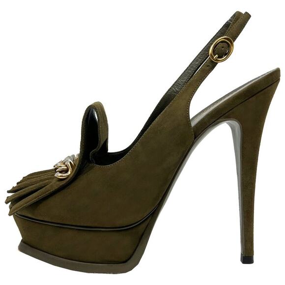 YSL Yves Saint Laurent Olive Suede Fringe Chain Platform Pumps Size 38.5 - Picture 1 of 9